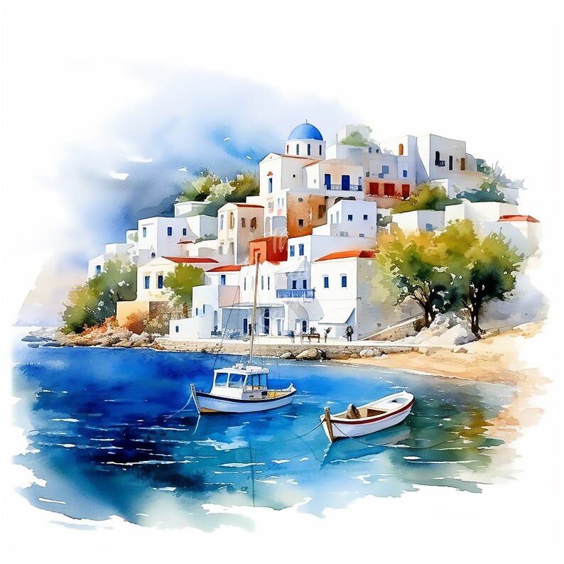 May include: A watercolor painting of a whitewashed village with a blue domed church on a hillside overlooking a turquoise bay. Two small white boats are anchored in the water.