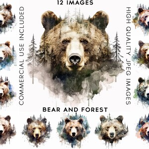 Bear And Forest Clipart, 12 High Quality JPGs , Watercolor Clipart, Clipart Animals, Card Making, Forest Clipart, Bear Clipart