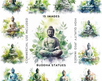 May include: A digital collage of 15 watercolor images of Buddha statues in various poses, surrounded by green leaves and a white background. The text "15 IMAGES" and "BUDDHA STATUES" are at the top and bottom of the collage, respectively. The text "HIGH QUALITY JPEG IMAGES" and "COMMERCIAL USE INCLUDED" are on the right and left sides of the collage, respectively.
