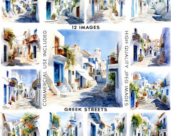 Greece Clipart Greek Streets Clipart Watercolor Clipart Digital Crafting Scrapbook Images Travel Clipart Vacation Clipart  12 Quality JPGs
