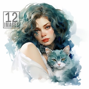 Watercolor Girl With Cat Clipart Digital Download Cat Clip Art Bundle Woman Clipart Pack Card Making Mixed Media Digital Paper Craft 12 Jpgs