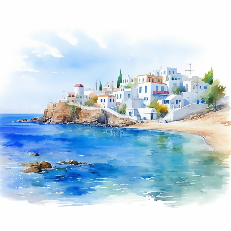 May include: A watercolor painting of a whitewashed village on a cliff overlooking a blue sea. The village is built on a hillside and has a red-roofed church. The sea is calm and clear, and the sky is a light blue.
