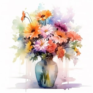 Op de afbeelding: Een aquarel van een boeket kleurrijke bloemen in een vaas. De bloemen zijn een mix van roze, oranje en geel en zijn in een losse, natuurlijke stijl gerangschikt. De vaas is een eenvoudige, heldere glazen vaas.