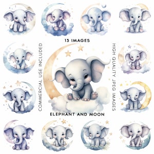 Watercolor Elephant Clipart Moon Clip Art Childrens Book Elephant Sublimation Bundle Baby Shower Clipart For Nursery Birthday Sublimation