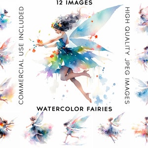 Fairies Clipart, 12 High Quality JPGs, Watercolor Clipart , Digital Art, Card Making, Fairies With Wings, Fairy Clipart, Clipart Watercolor