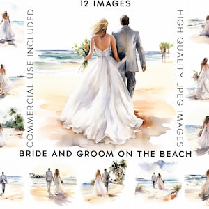 Bride And Groom On The Beach Clipart, 12 High Quality JPGs, Wedding Clipart Watercolor, Wedding Clipart, Digital Paper, Invitation Clipart