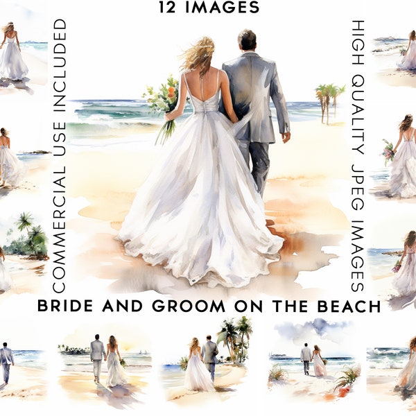 Bride And Groom On The Beach Clipart, 12 High Quality JPGs, Wedding Clipart Watercolor, Wedding Clipart, Digital Paper, Invitation Clipart