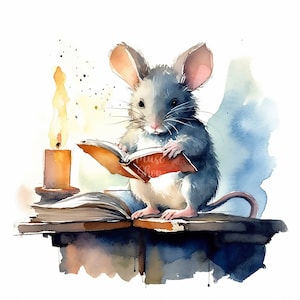 Mouse Reading Clipart - 15 High Quality JPGs - Watercolor Clip art -  Digital Download - Card Making - Books Clipart - Mouse Clipart