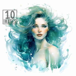 Mermaid Portrait Clipart, 10 High Quality JPGs, Watercolor Clipart, Card Making, Mermaid Clipart, Mermaid Clip Art, Ocean Clipart, Mermaids