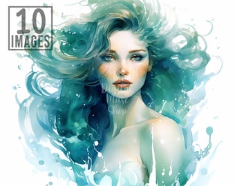 Mermaid Portrait Clipart, 10 High Quality JPGs, Watercolor Clipart, Card Making, Mermaid Clipart, Mermaid Clip Art, Ocean Clipart, Mermaids