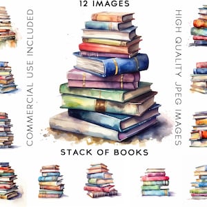 Stack of Books Clipart, 12 High Quality JPGs , Watercolor Clipart , Digital Download, Card Making , Books Clipart, Book Clipart