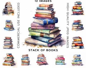 Stack of Books Clipart, 12 High Quality JPGs , Watercolor Clipart , Digital Download, Card Making , Books Clipart, Book Clipart