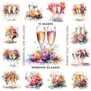 Wedding Glasses Clipart Champagne Glasses Clipart Wedding Congratulations Clipart Watercolor Wedding Element Clipart 12 High Quality JPGs