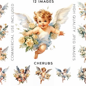 Cherubs Clipart, 12 High Quality JPGs, Watercolor Clipart , Digital Art, Card Making, Cherub Clipart, Angel Clipart, Angels Clipart, Flowers