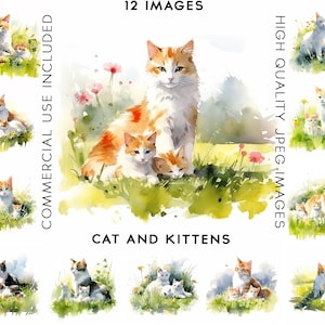 Cat and Kittens, 12High Quality JPGs, Watercolor Clipart , Digital Download, Card Making, Cats Clipart, Kitten Clipart, Kittens Clipart