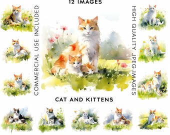 Cat and Kittens, 12High Quality JPGs, Watercolor Clipart , Digital Download, Card Making, Cats Clipart, Kitten Clipart, Kittens Clipart