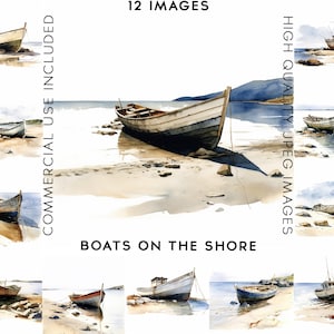 Boats On The Shore, 12 High Quality JPGs, Watercolor Clipart, Clip Art Bundle, Digital Paper Craft, Boats Clipart, Boat Clipart, Sea Clipart
