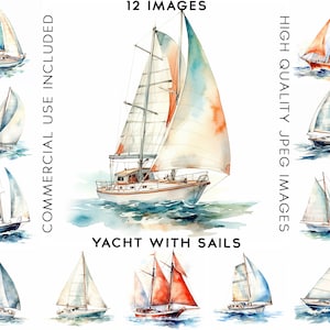 Yacht with Sails Clipart, 12 High Quality JPGs, Watercolor Clipart, Summer Clipart , Clip Art Watercolor, Boats Clipart, Digital Paper Craft