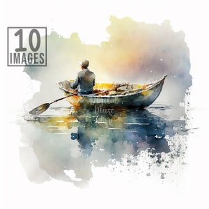 Fisherman Clipart Fishing Clipart Watercolor Commercial Use Scrapbook Images Junk Journal Digital Crafting 10 High Quality JPGs