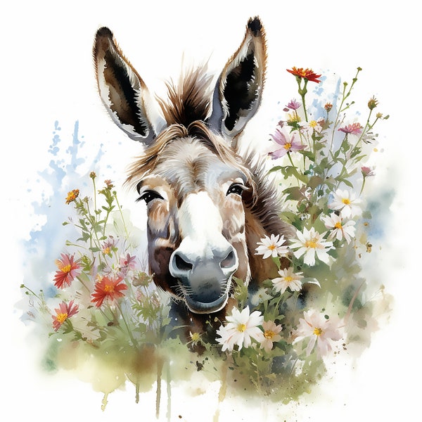 Watercolor Floral Donkey Clipart Bundles Scrapbook Junk Journal Digital Crafting Commercial Use Farm Animal Clipart 11 JPGs