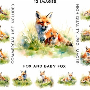Mom and Baby Fox Clipart, 12 High Quality JPGs, Watercolor Clipart, Digital Crafting, Scrapbook Images, Clipart Animal, Fox Clipart