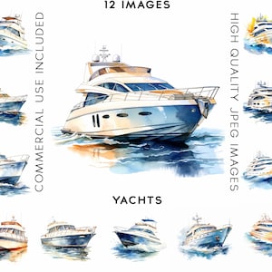 Yacht Clipart, 12 High Quality JPGs, Watercolor Clipart, Summer Clipart , Clip Art Watercolor, Beach Clipart, Digital Paper Craft