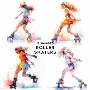 Roller Skate Clipart, Watercolor Roller Skates Clipart Skater Illustration Woman Skating Card Making Scrapbooking Junk Journal  12 JPGs