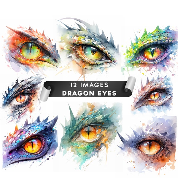 Dragon Eyes Clipart,  12 High Quality JPGs Watercolor Clipart Digital Download Card Making Dragon Clipart Digital Crafting Dragon Clip Art