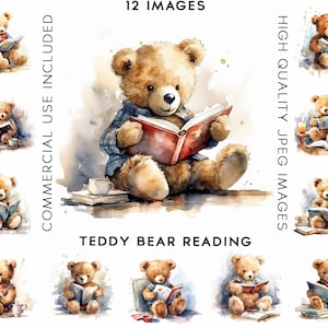 Teddy Bear Reading Clipart, 12 High Quality JPGs , Watercolor Clipart , Digital Download, Card Making , Books Clipart, Teddy Bear Clipart