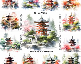 Watercolor Japanese Temple Clipart Japanese Garden Digital Crafting Japan Buddhism Clipart Commercial Use Scrapbook Images - 13 Quality JPGs