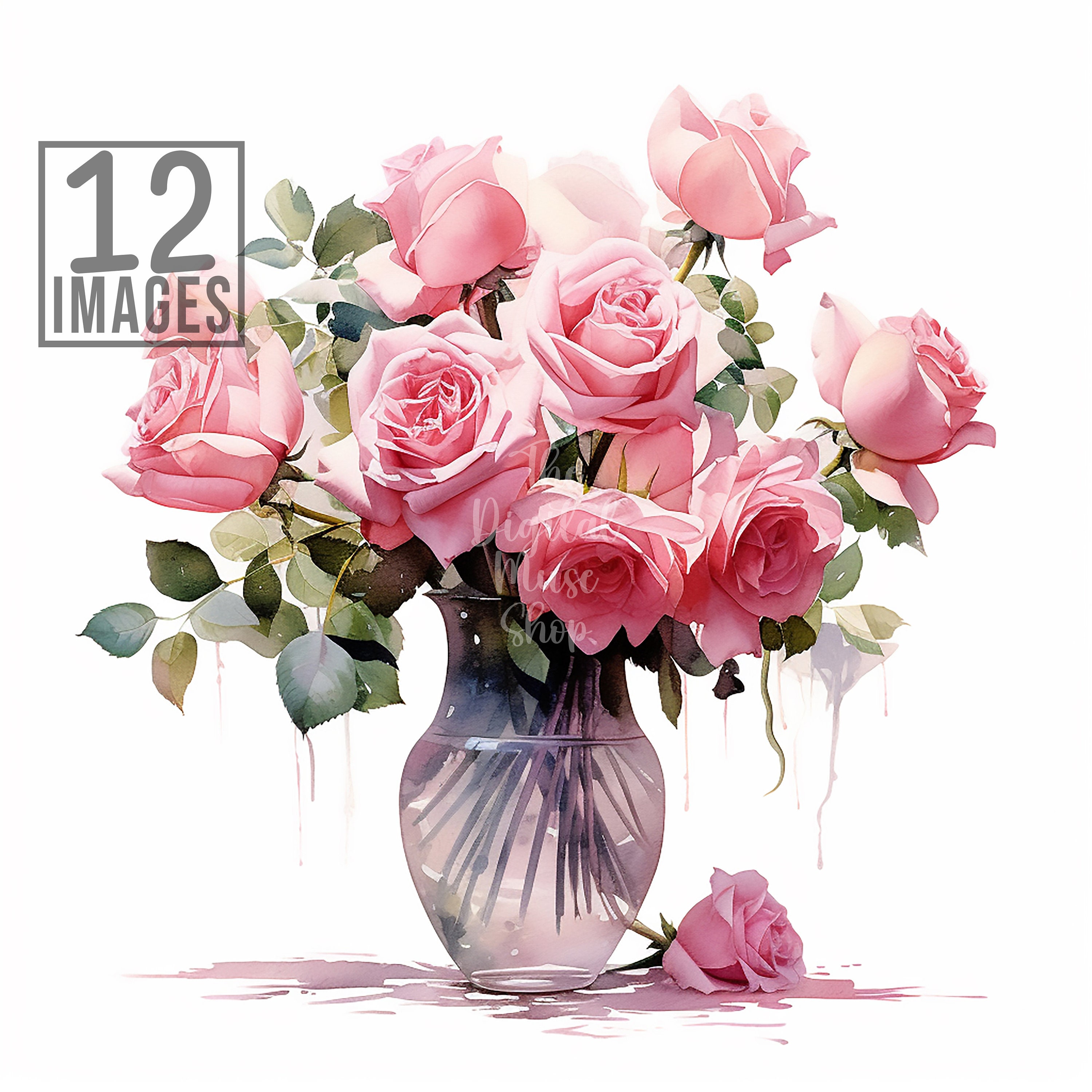 Vase of Pink Roses Clipart Watercolor Flowers Clipart Commercial Use ...