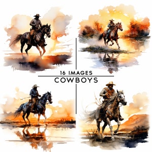 Clipart di cavallo da cowboy Clipart di cowboy ad acquerello Clipart di cavallo da soma, artigianato digitale, scene di paesaggi western 16 JPG di alta qualità
