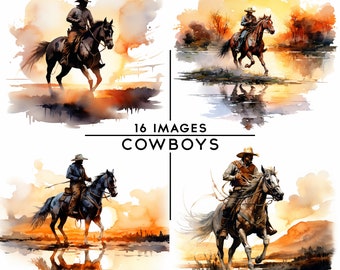 Cowboy Riding Horse Clipart Watercolor Cowboy Clipart Pack Horse Clip Art  Digital Crafting Western Landscape Scenes 16 High Quality JPGs