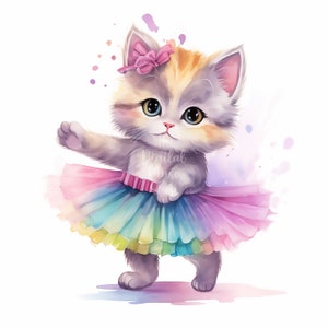Ballerina Clipart Kitten Clip art Cat Digital Print Watercolor Cat Queen Kitten Clipart Digital Download Mixed Media Nursery Art 12 Jpgs
