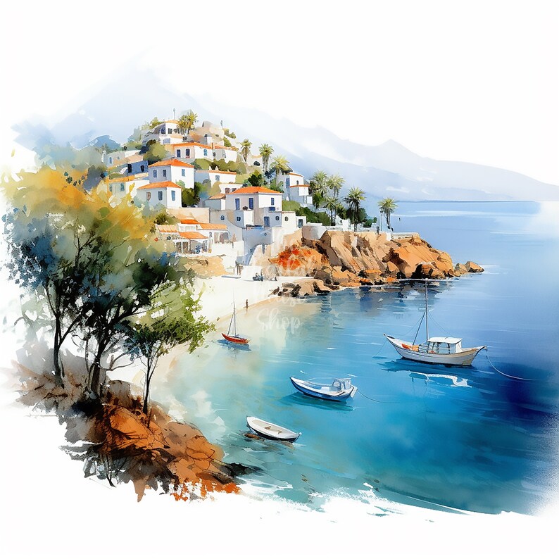 May include: A watercolor painting of a whitewashed village nestled on a hillside overlooking a turquoise bay.  The village is surrounded by lush green trees and the bay is dotted with small boats.