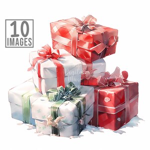Wrapped Gifts Clipart, 10 High Quality JPGs, Watercolor Clipart , Digital Download, Card Making, Gifts Clipart, Christmas Clipart