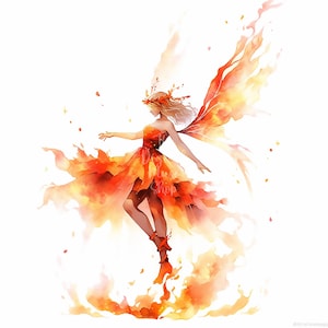 May include: Watercolor illustration of a fairy with fiery wings and a flowing orange dress. The fairy is surrounded by flames and floating in the air. The image has a fantasy theme and a vibrant color palette.