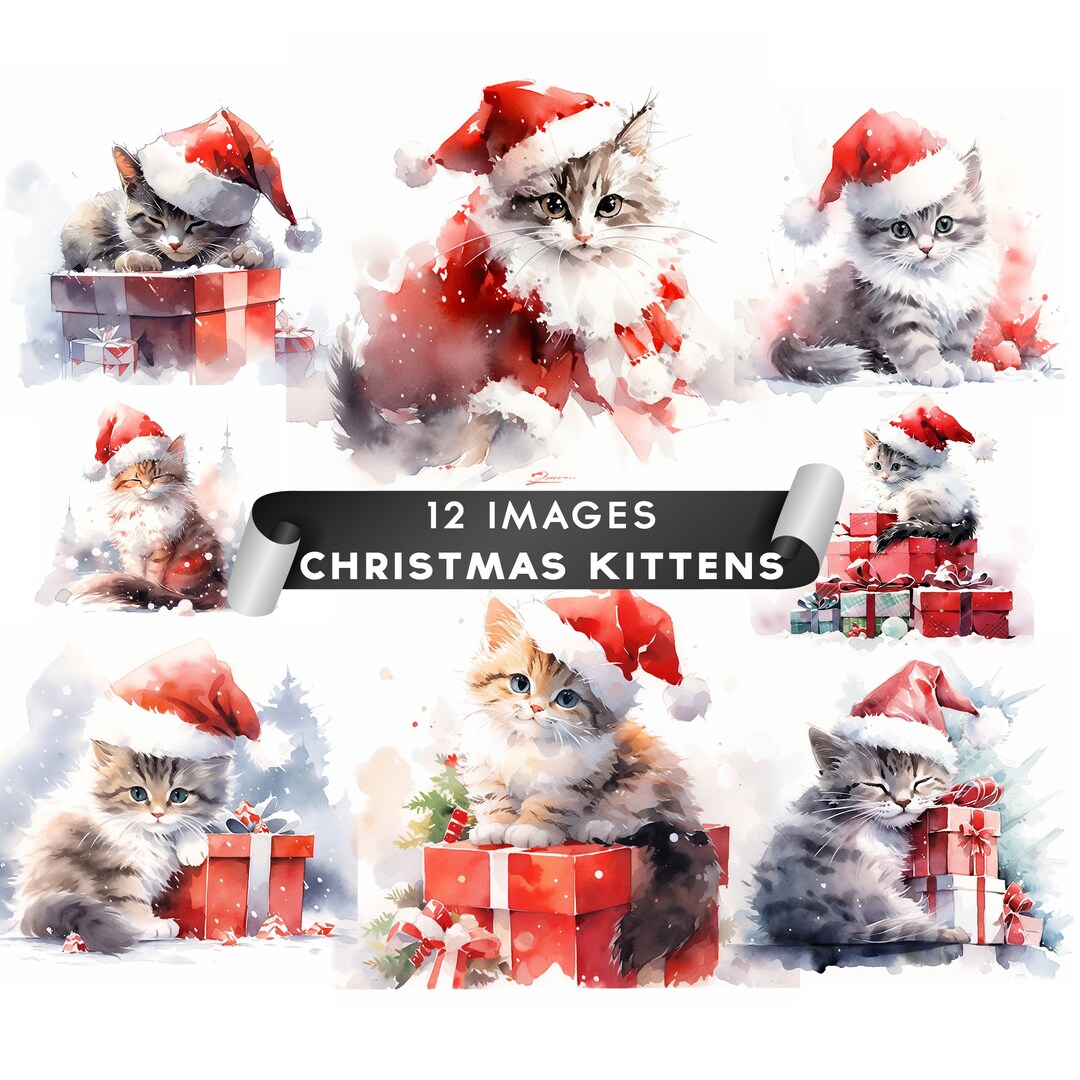 Christmas Kitten Clipart, Christmas Clipart Watercolor Clipart Digital ...
