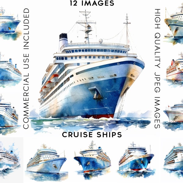 Cruise Ships Clipart, 12 High Quality JPGs, Watercolor Clipart, Cruise Ship Clipart, Clip Art Watercolor, Boats Clipart, Digital Paper Craft