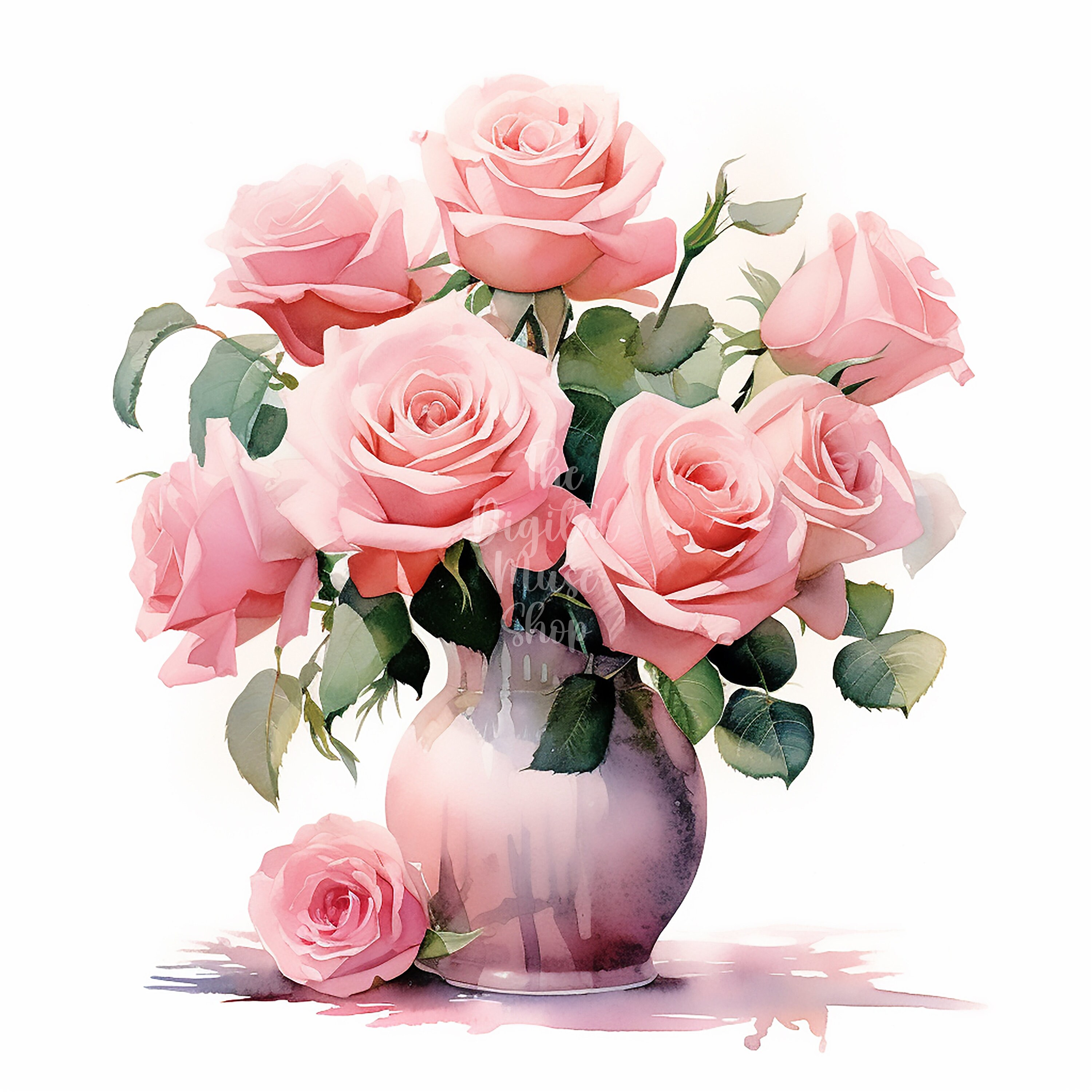 Vase of Pink Roses Clipart Watercolor Flowers Clipart Commercial Use ...