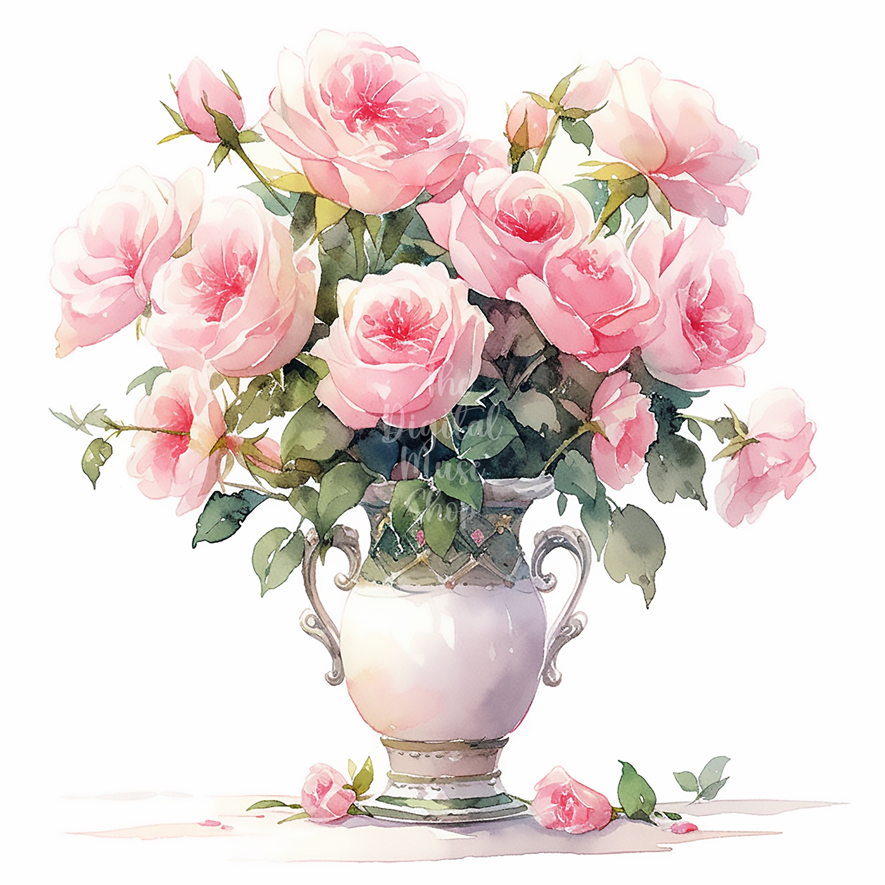 Vase of Flower Clipart Pink Roses Clipart Watercolor Flowers Clipart ...