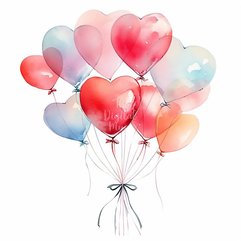 Watercolor Balloons Clipart Heart Balloon Digital Image for Card Making ...