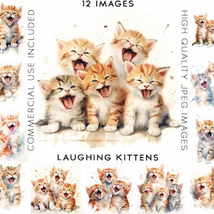 Laughing Kittens , 12 High Quality JPGs, Watercolor Clipart , Digital Art, Card Making, Cats Clipart, Kittens Clipart, Kitten Clipart. Funny