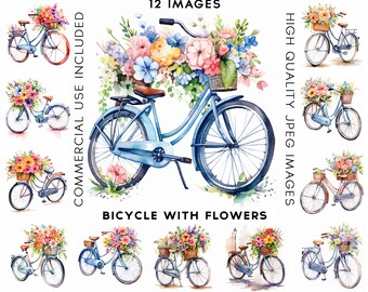 Bicycle with Flowers Clipart, 12 High Quality JPGs, Clip Art Watercolor, Digital Paper Craft, Flowers Clipart Bundle, Bicycle Clip Art