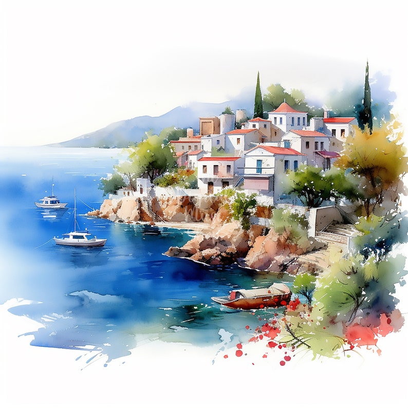 May include: A watercolor painting of a white village on a cliff overlooking a blue sea. The village is made up of white houses with red tile roofs. There are boats in the water and green trees on the cliff.