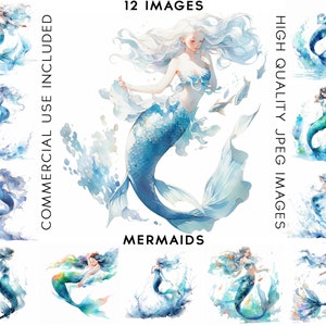 Mermaids Clipart, 12 High Quality JPGs, Watercolor Clipart , Digital Art, Card Making, Mermaid Clipart, Mermaid Clip Art, Ocean Clipart