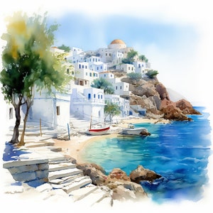 May include: A watercolor painting of a whitewashed village nestled on a cliffside overlooking a turquoise bay. The village is built on a steep hillside, with white buildings and a small church with a dome. The bay is calm and clear, with a few boats anchored in the water. The scene is painted in a soft, romantic style, with a focus on the beauty of the natural world.