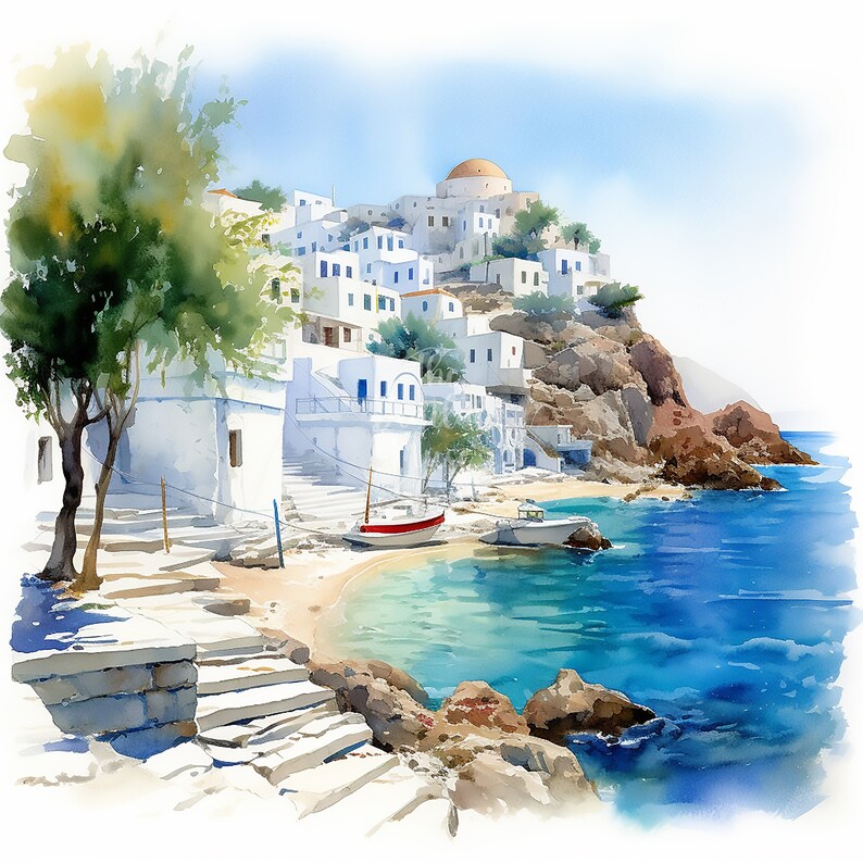 May include: A watercolor painting of a whitewashed village nestled on a cliffside overlooking a turquoise bay. The village is built on a steep hillside, with white buildings and a small church with a dome. The bay is calm and clear, with a few boats anchored in the water. The scene is painted in a soft, romantic style, with a focus on the beauty of the natural world.