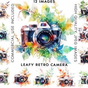 Leafy Retro Camera, 12 High Quality JPGs, Scrapbook, Clip Art Watercolor, Vintage Camera Clipart, Watercolor Camera Clipart, Leafs Clipart