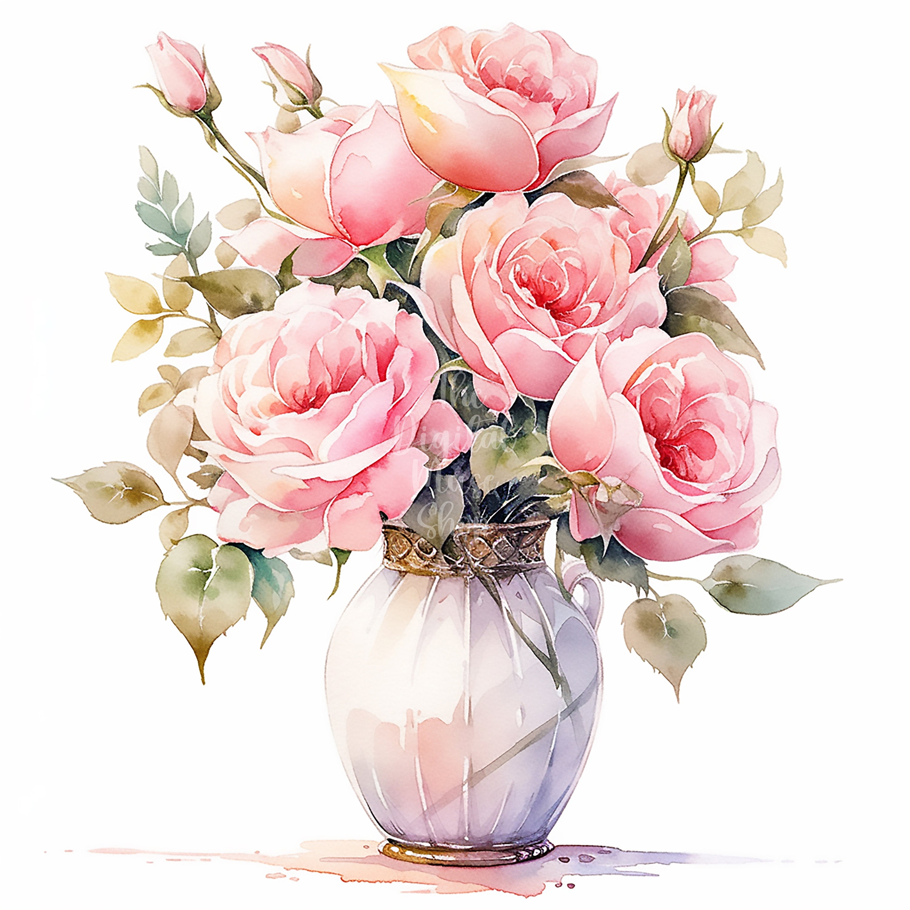 Vase of Flower Clipart Pink Roses Clipart Watercolor Flowers Clipart ...